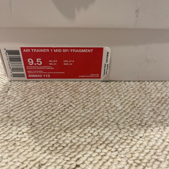 DS Brand New Nike x Fragment Air Trainer 1 Mid White/Chlorophyll men’s size 9.5 - Picture 3 of 7